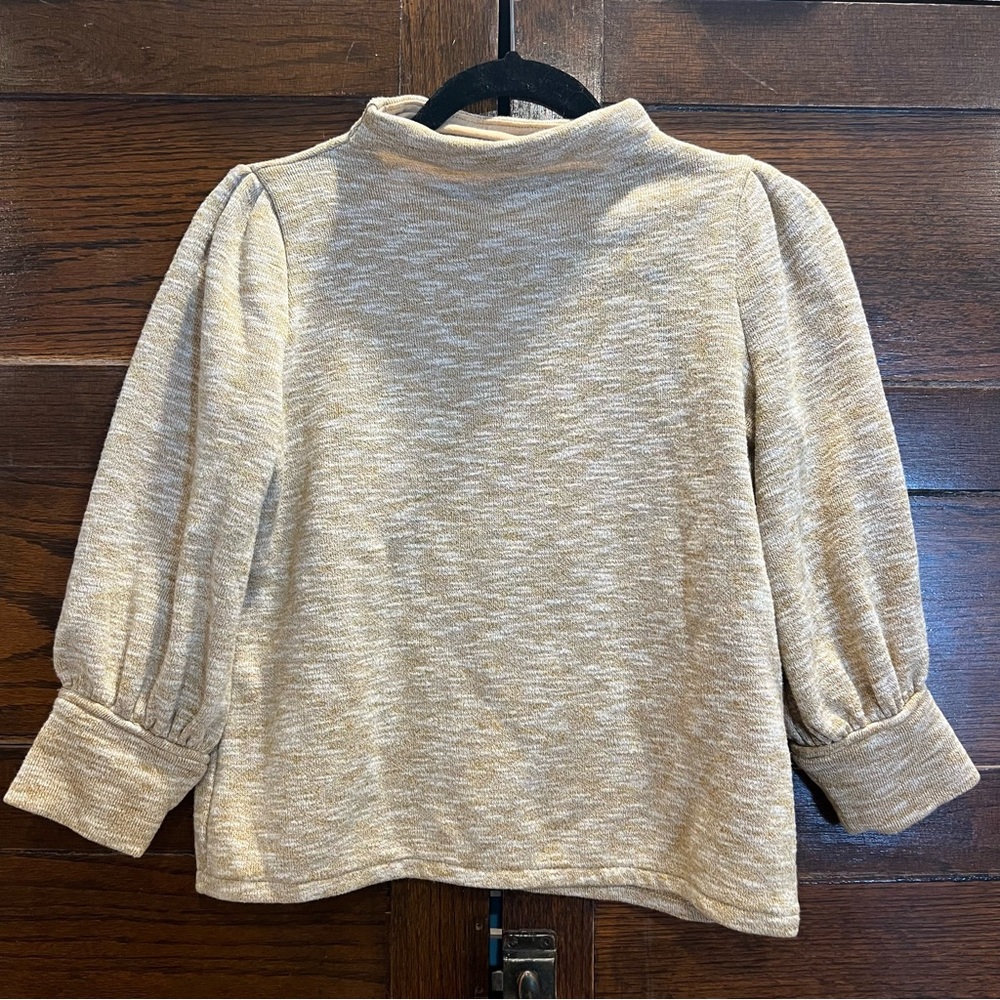 Madewell XS funnel mock neck sweater cuffed 3/4 sleeves Tan gold cropped knit